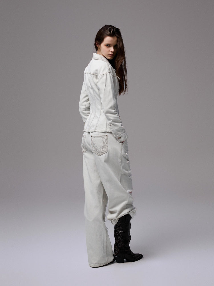 Distressed White Ripped Wide-leg Pants