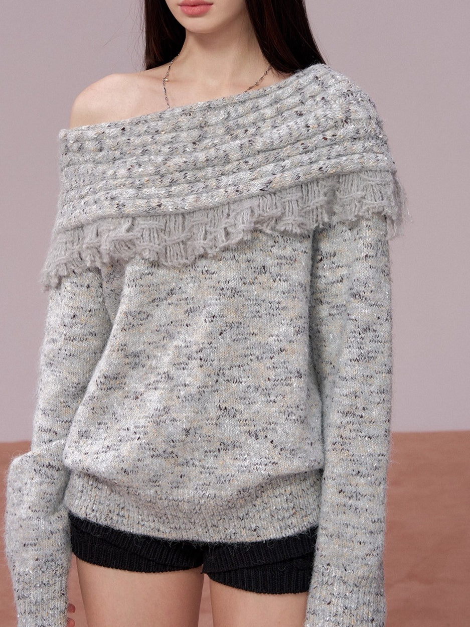 Fringed Off-shoulder Wool Sweater &amp; Scarf Set
