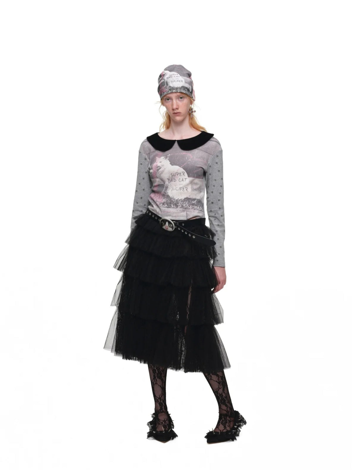 Cat Print Waffle Collar Top