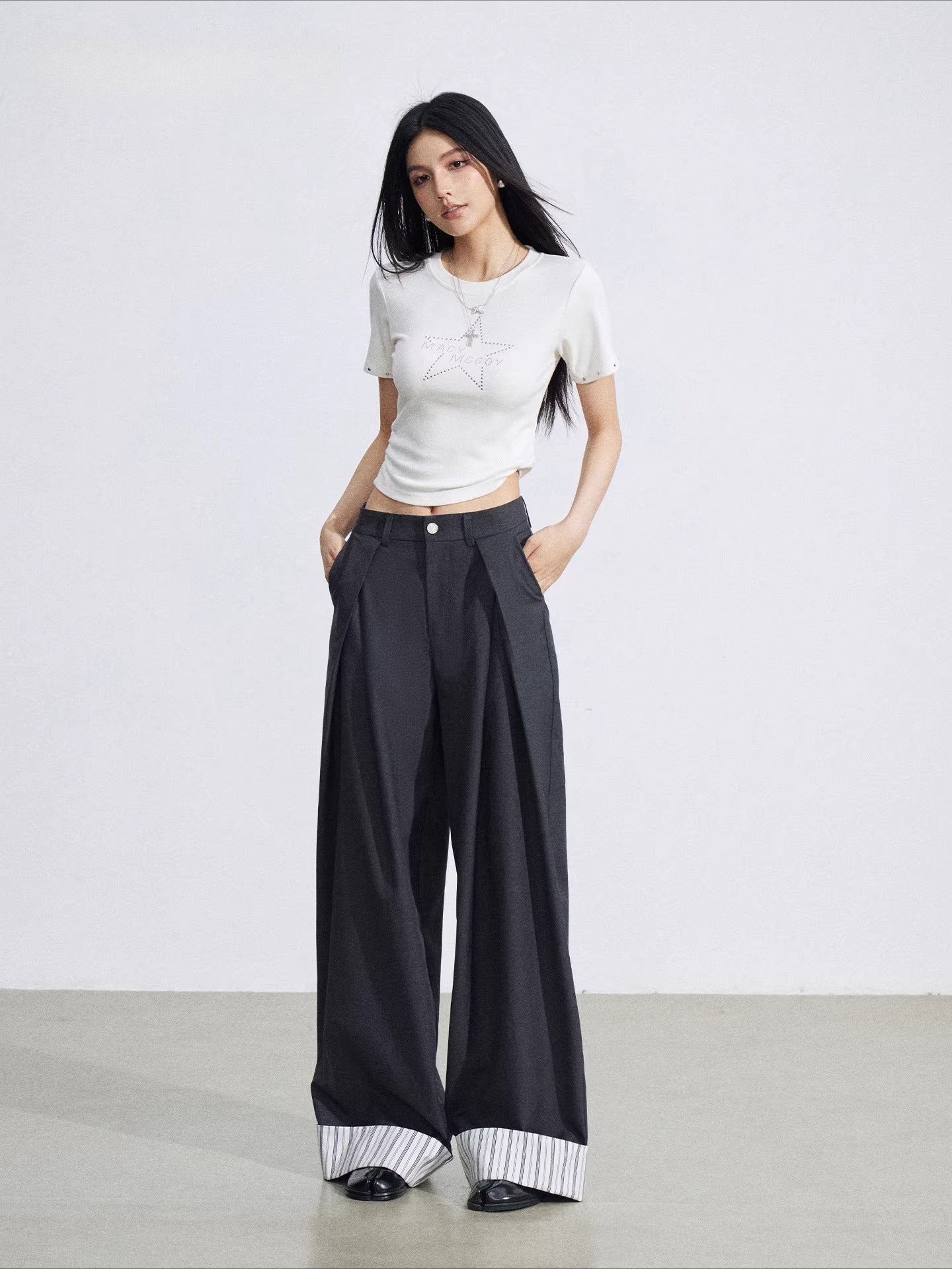 Gray Folded Hem Wide Pants