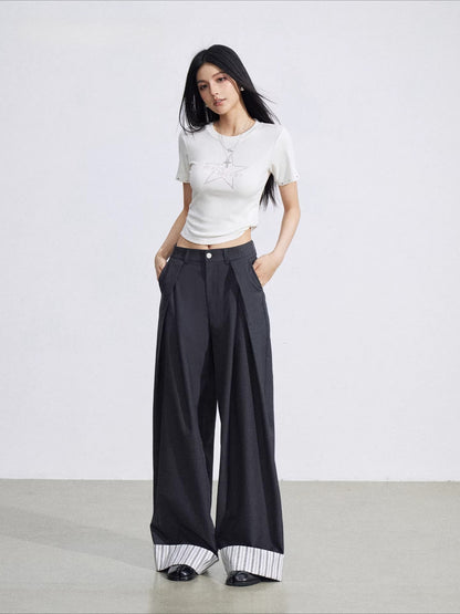 Gray Folded Hem Wide Pants