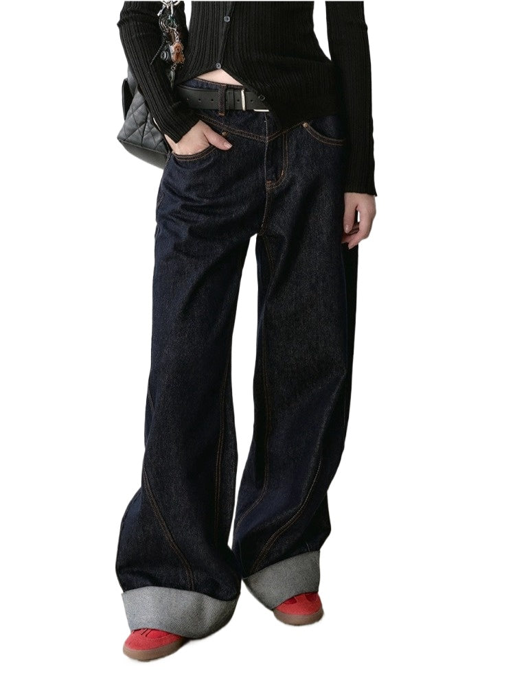Dark Blue Raw-Hem Wide-Leg Denim Pants