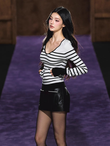 Striped V-Neck Epaulet Long-Sleeve Tee