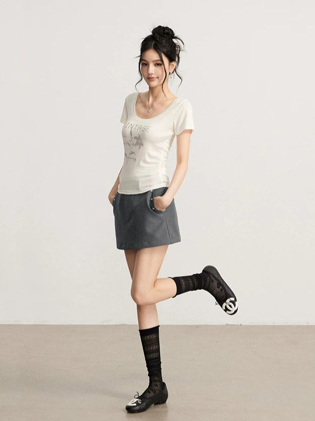 Rhinestone Floral U-Neck T-shirt