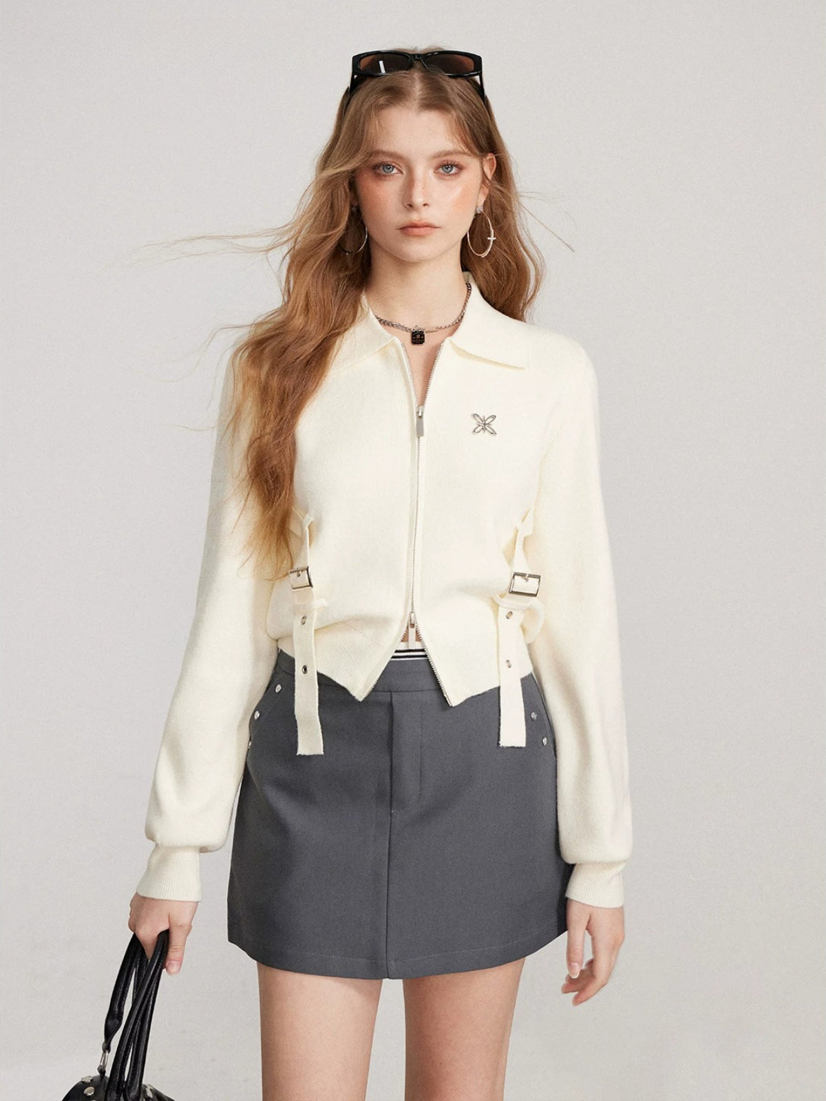 Ribbon Zip Collar Knit Cardigan