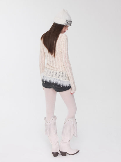 Cable Knit Faux-Fur Trim Fitted Sweater