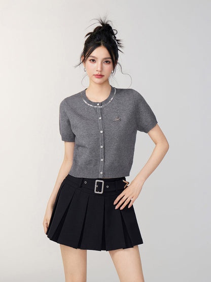Rhinestone Button Knitted Short-Sleeve Cardigan