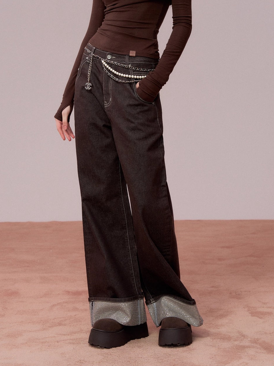 Rhinestone Cuffed Wide-Leg Denim Jeans