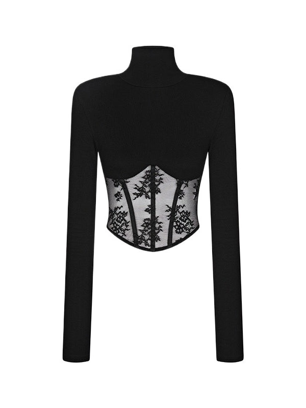 Lace-Trim Corset Long-Sleeve Top