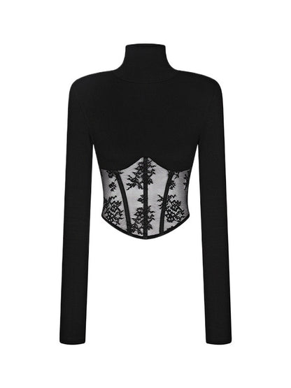 Lace-Trim Corset Long-Sleeve Top