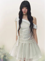 White Satin Embroidery Tulle Dress