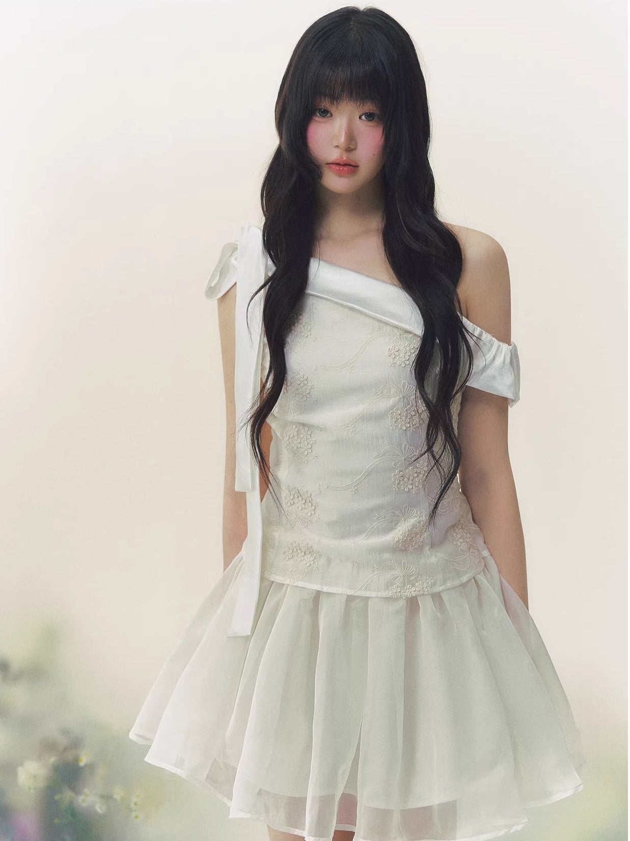 White Satin Embroidery Tulle Dress