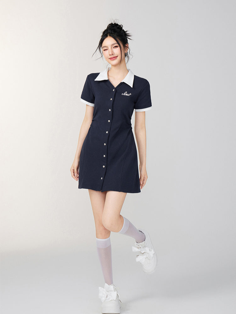 Color-Blocked Button-Up Waist Cinching Polo Dress