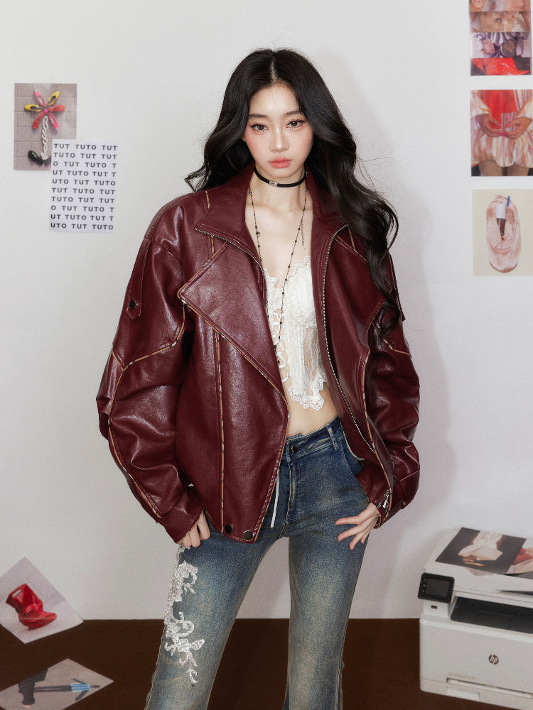 Striped Collar Biker Leather Jacket