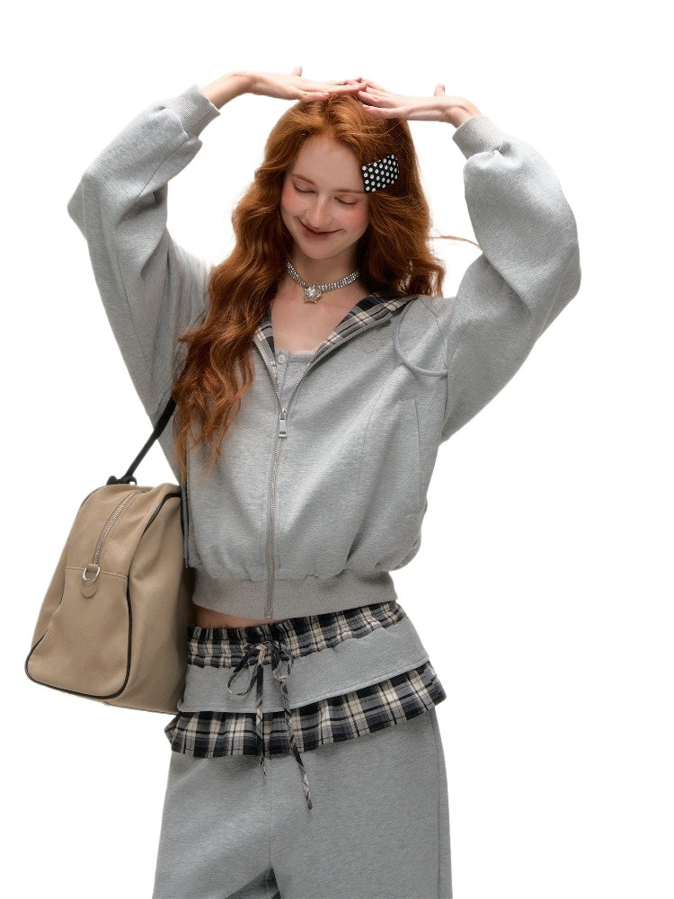 Plaid Patch Embroidered Sweatshirt &amp; Ruffled Waist Pants Set