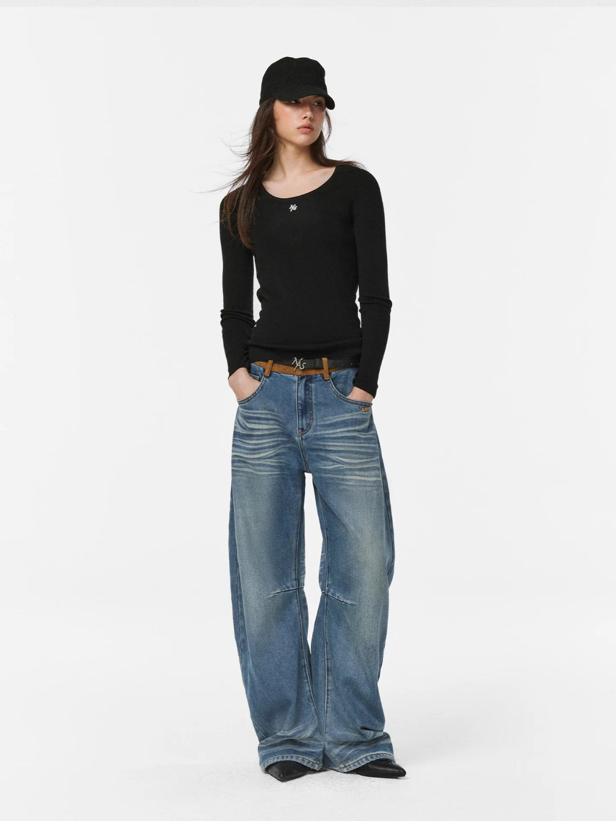 Faux Suede Waistband Barrel Jeans