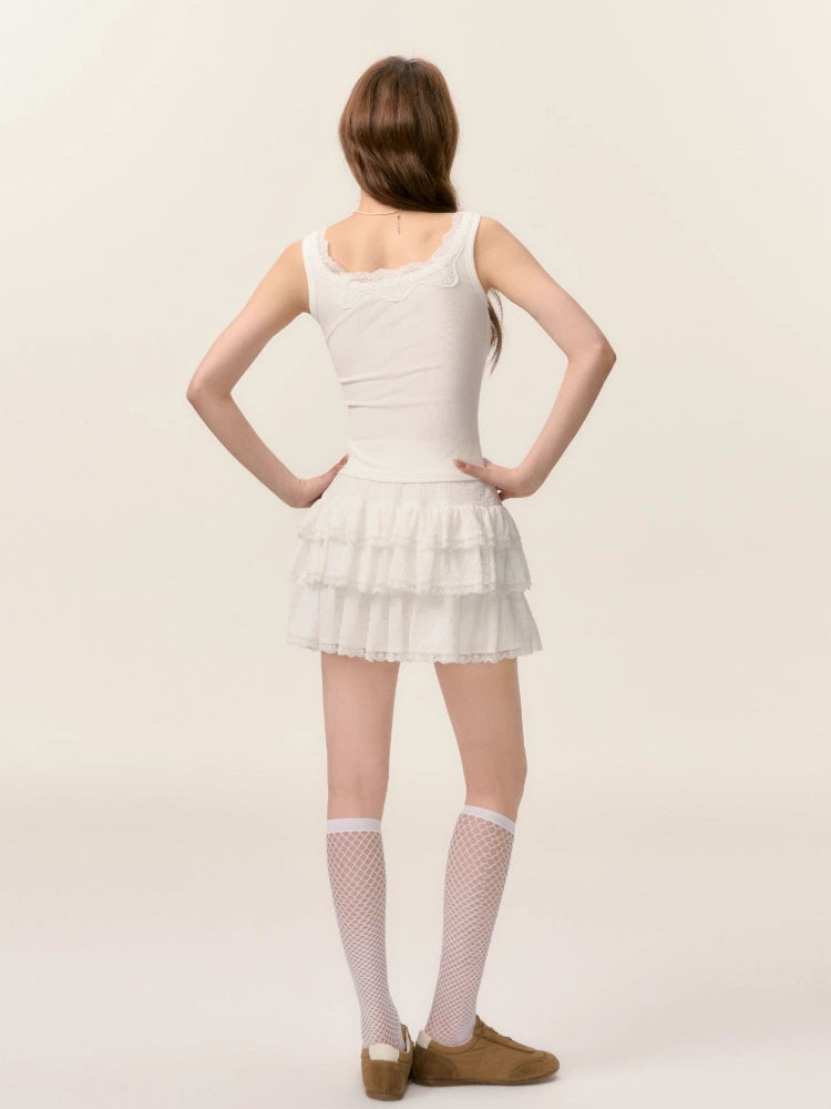 Lace Trim A-line Tulle Skirt