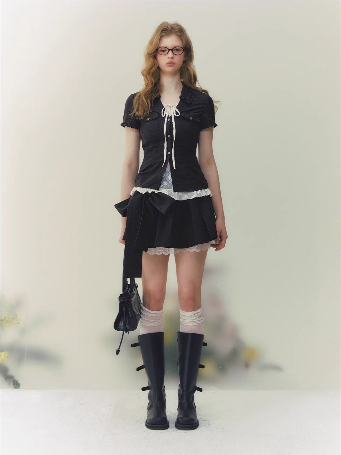 Black &amp; Pink Lace Panel Waist Shirt