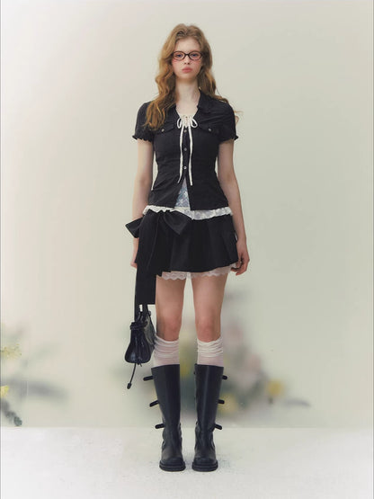 Black &amp; Pink Lace Panel Waist Shirt