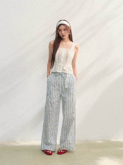 Striped Print Patchwork Embroidery Lace Straight Pants