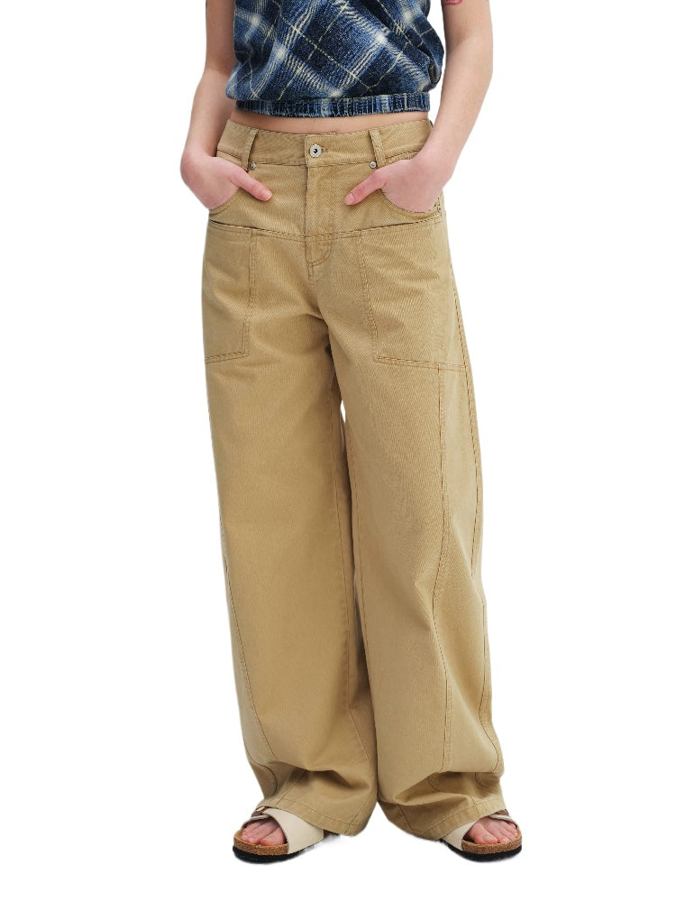 Khaki Low-Waist Curved-Leg Pants