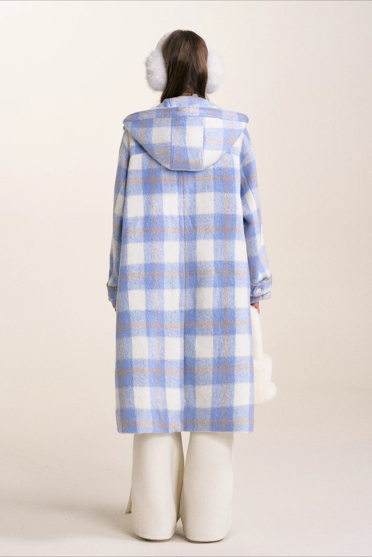 Blue Check Hooded Wool Coat