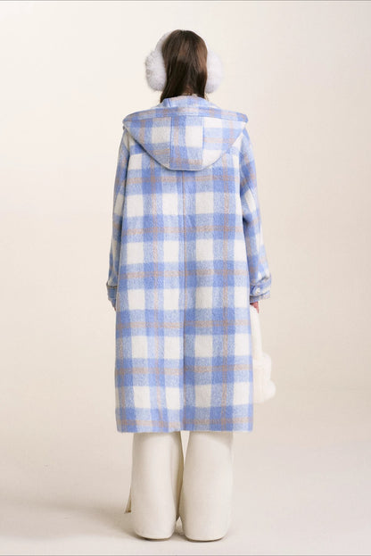Blue Check Hooded Wool Coat
