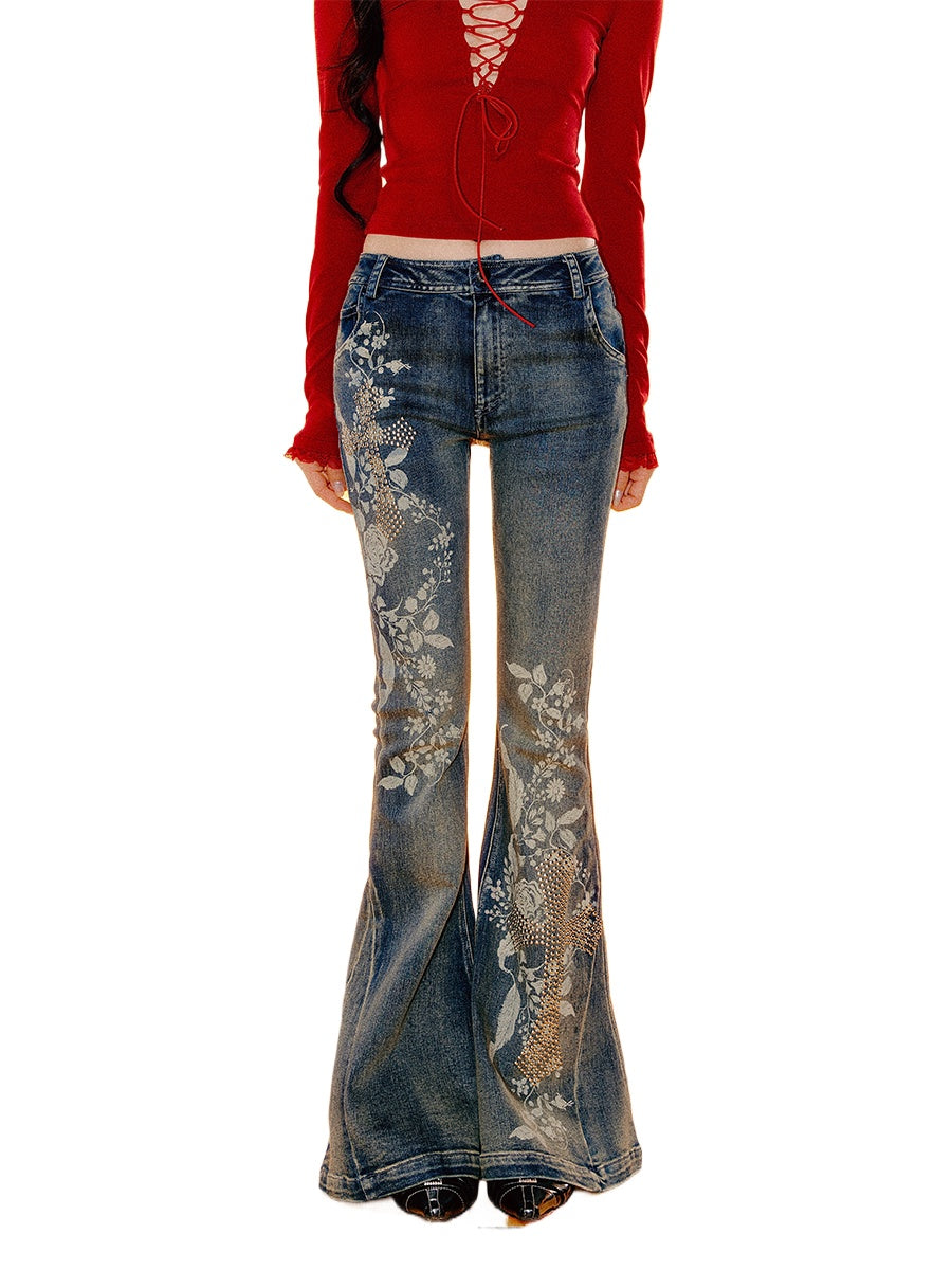 Printed Low-Waisted Denim Bell-Bottom Pants