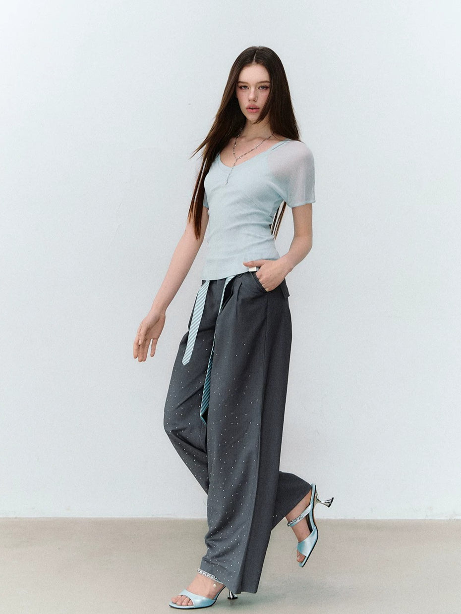Gray &amp; Khaki Rhinestone Wide-Leg Pants