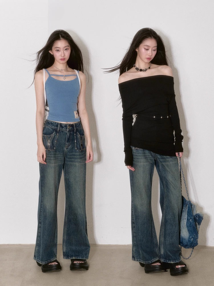 Dark Blue Straight-Leg Flared Jeans