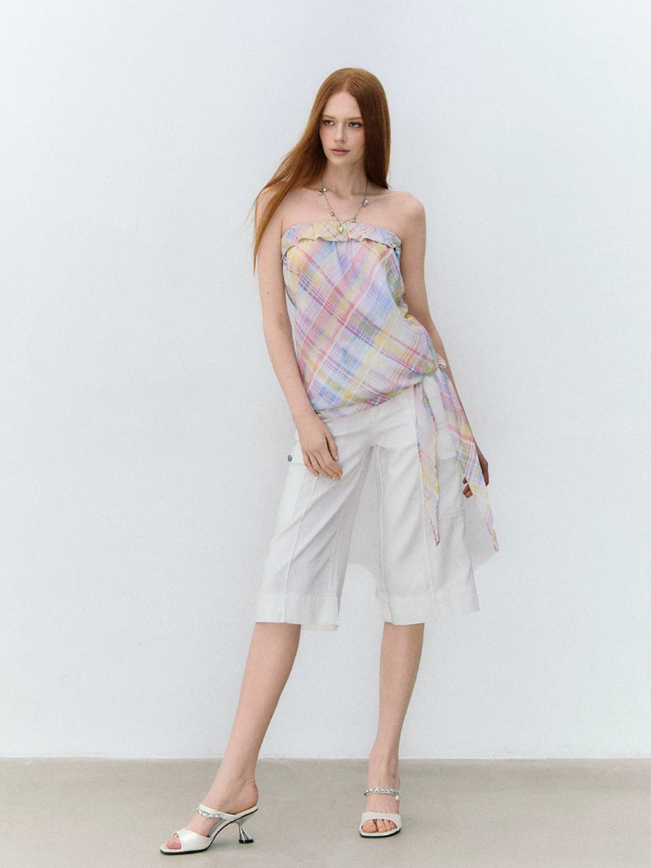 Iridescent Plaid Ruffle Bandeau Top