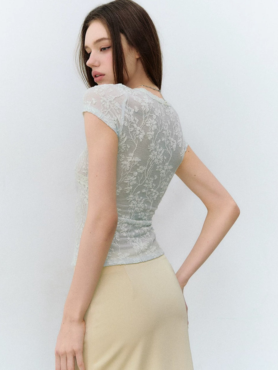 Pink &amp; Green Lace Knit V‑Neck Tee