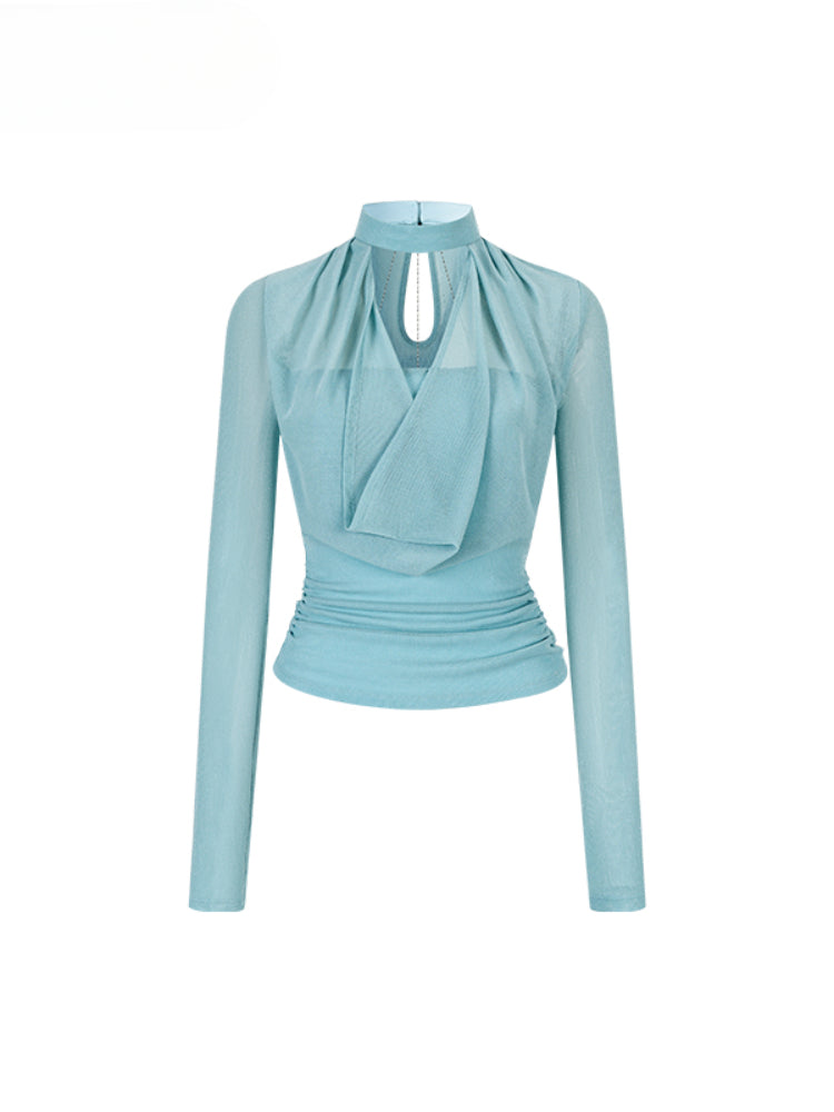 Chain Halter Draped Neck Fitted T-shirt