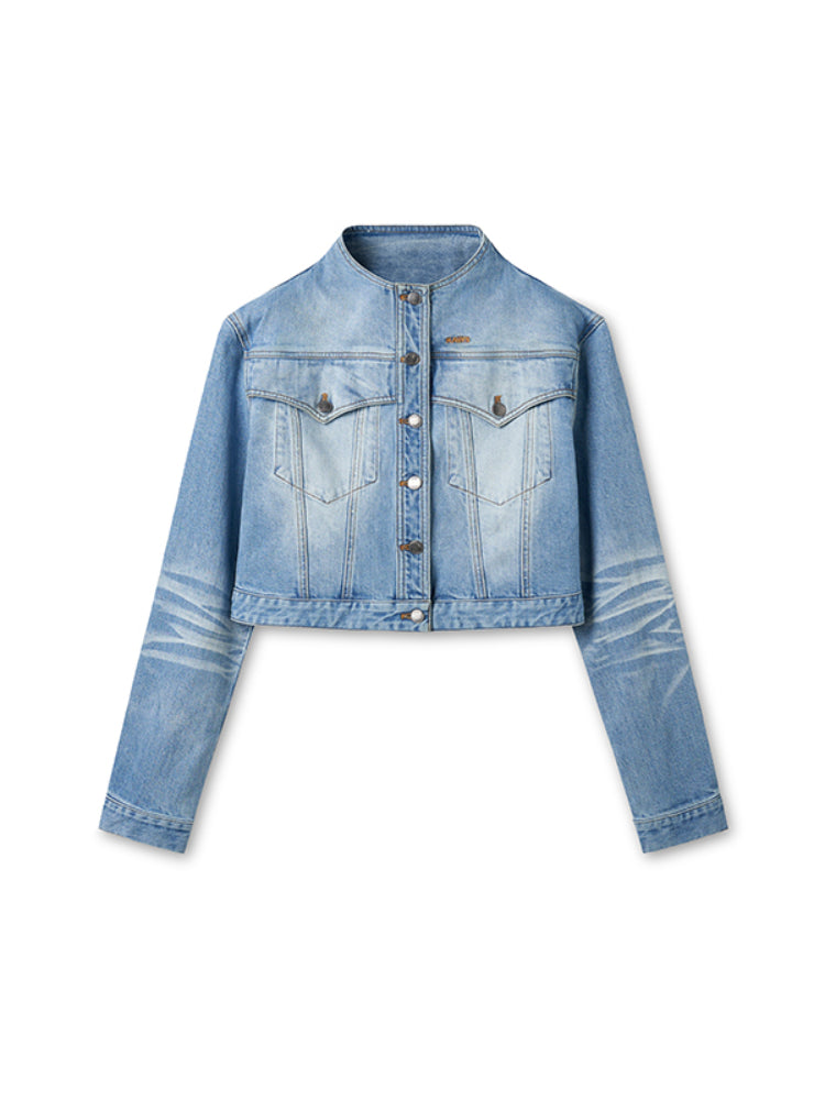 Twill Denim Cat-Whisker Stand-Collar Short Jacket