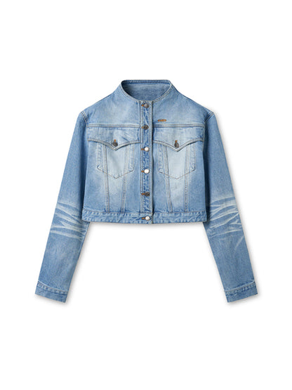 Twill Denim Cat-Whisker Stand-Collar Short Jacket