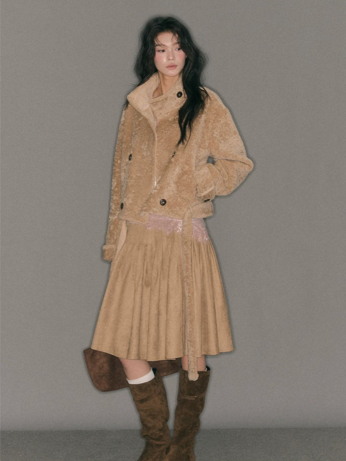 Stand Collar Cropped Fur Jacket