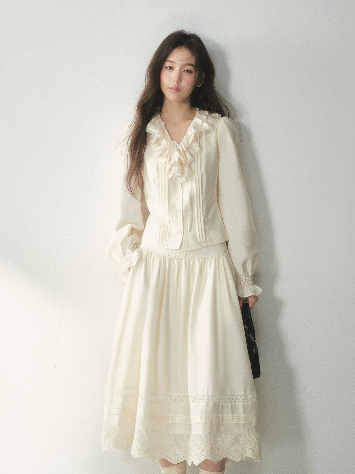 Vintage Ruffle Lace Shirt &amp; Skirt Set