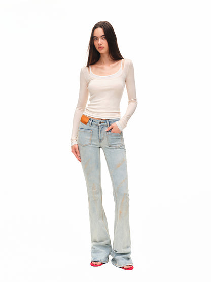 Washed Low-waist High-stretch Micro-flare Jeans