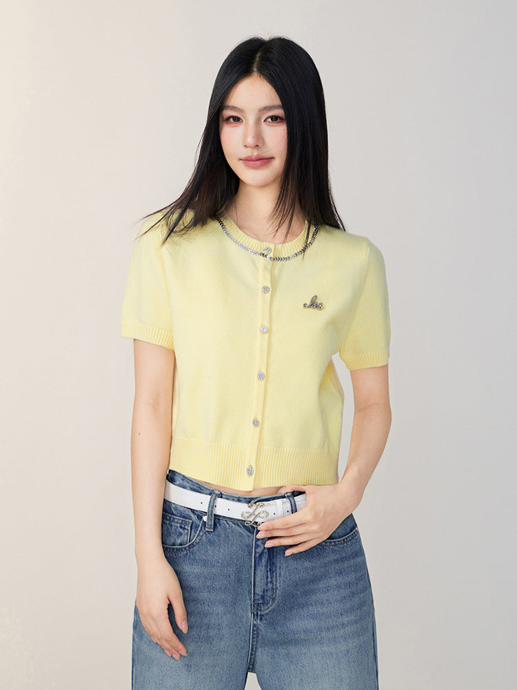 Rhinestone Button Knitted Short-Sleeve Cardigan