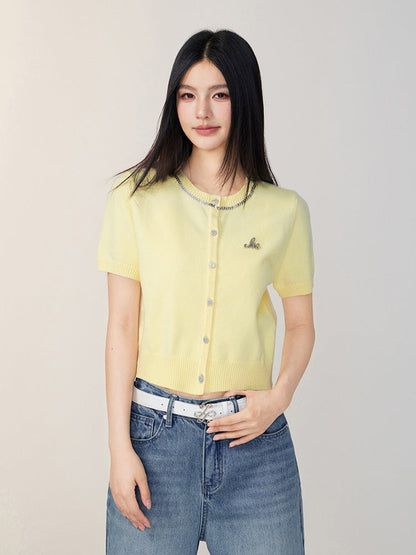Rhinestone Button Knitted Short-Sleeve Cardigan