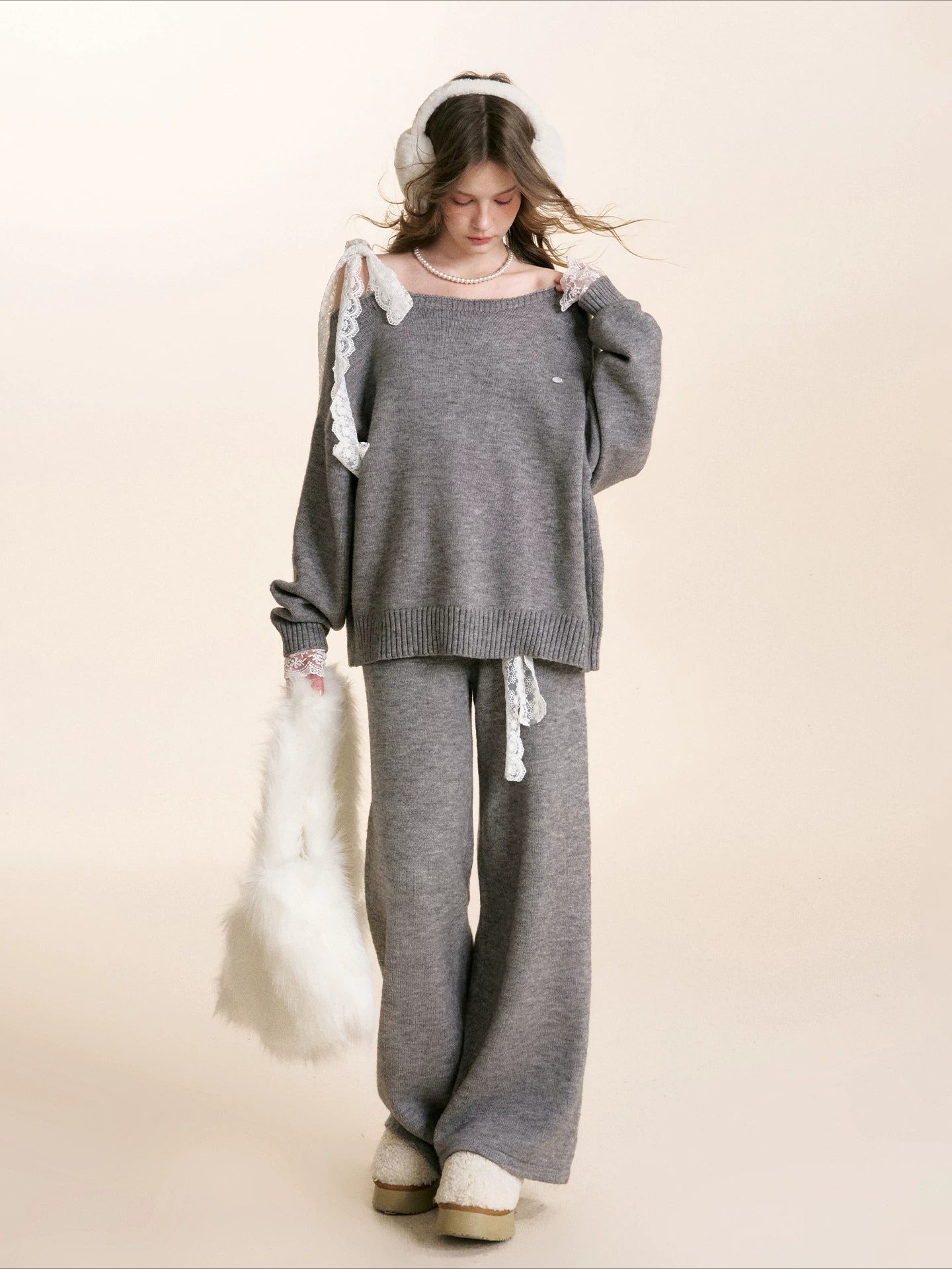 Gray &amp; Apricot Lace-Tie Knit Set