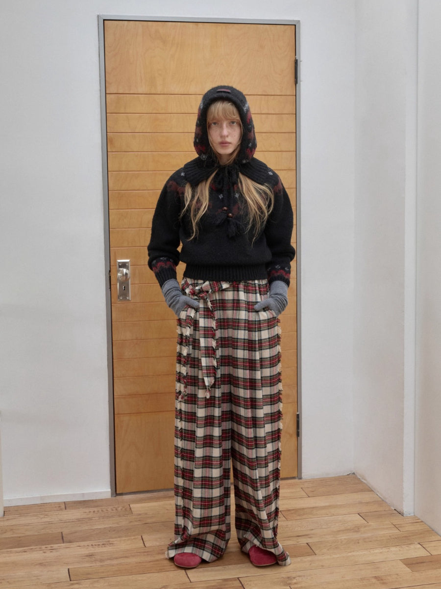 Vintage Red Plaid Brushed Cotton Wide-Leg Pants