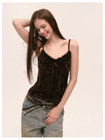 Velvet Fur-Trimmed Tie Front Camisole
