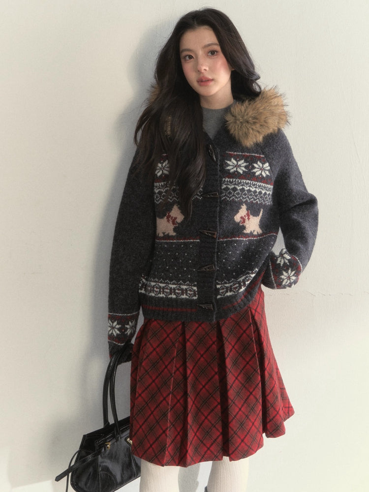 Fair Isle Dog Fur-Collar Cardigan