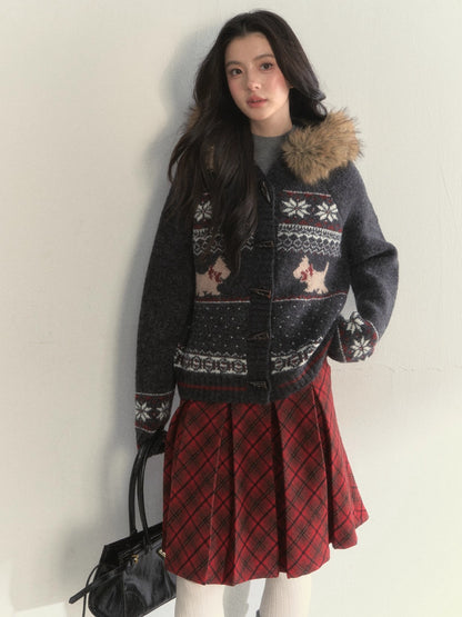 Fair Isle Dog Fur-Collar Cardigan