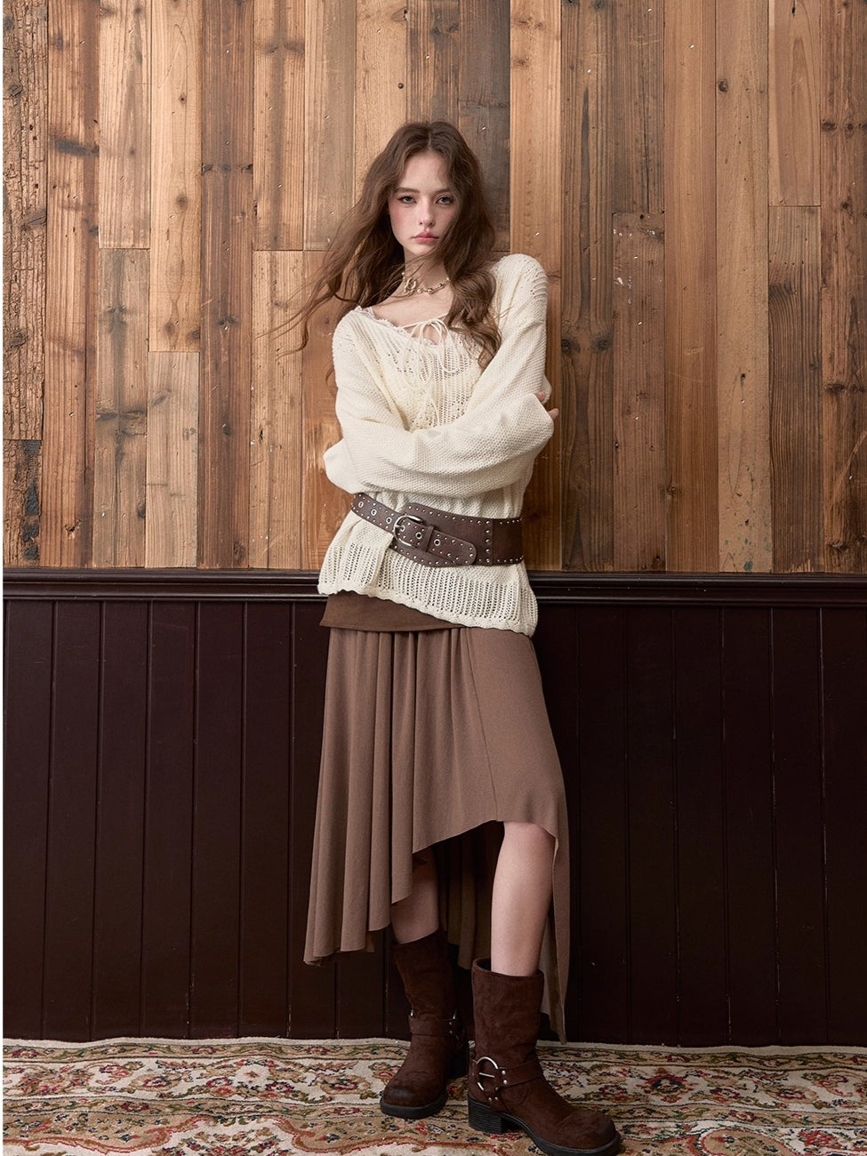 Apricot Lace Trim Knit V-Neck Sweater