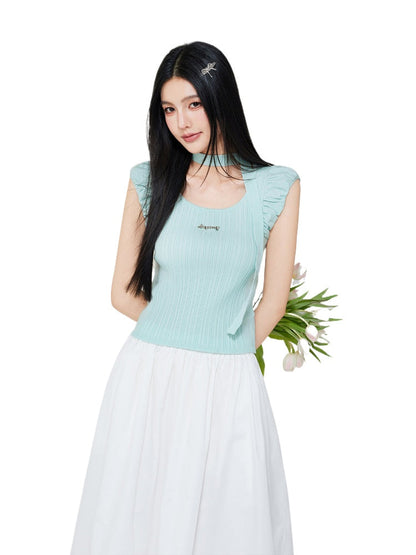 Bubble Sleeve Small Square Neck Knitted Top