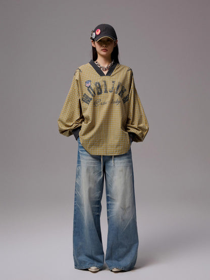 Vintage Plaid V-neck Loose Jersey