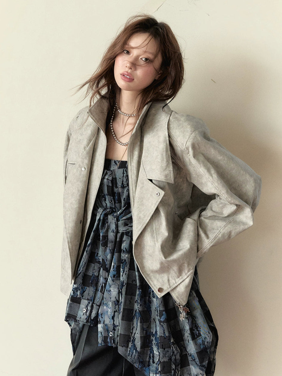 Khaki &amp; Gray Studded Loose-fitting Jacket