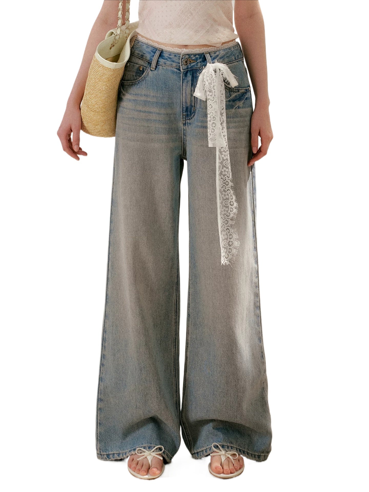 Lace Tie Wide-Leg Jeans